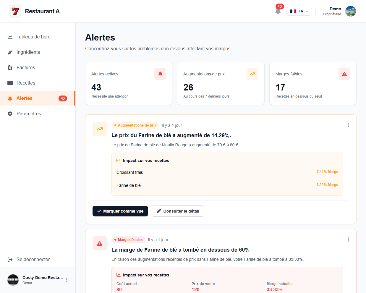 Centre d'alertes détaillé montrant les augmentations de prix et l'impact sur les recettes