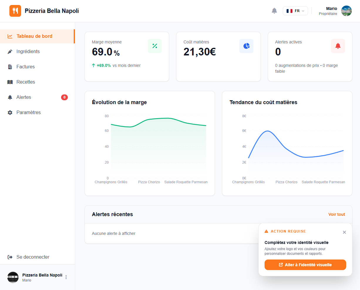 Tableau de bord Costy montrant l'évolution des marges et des coûts matières